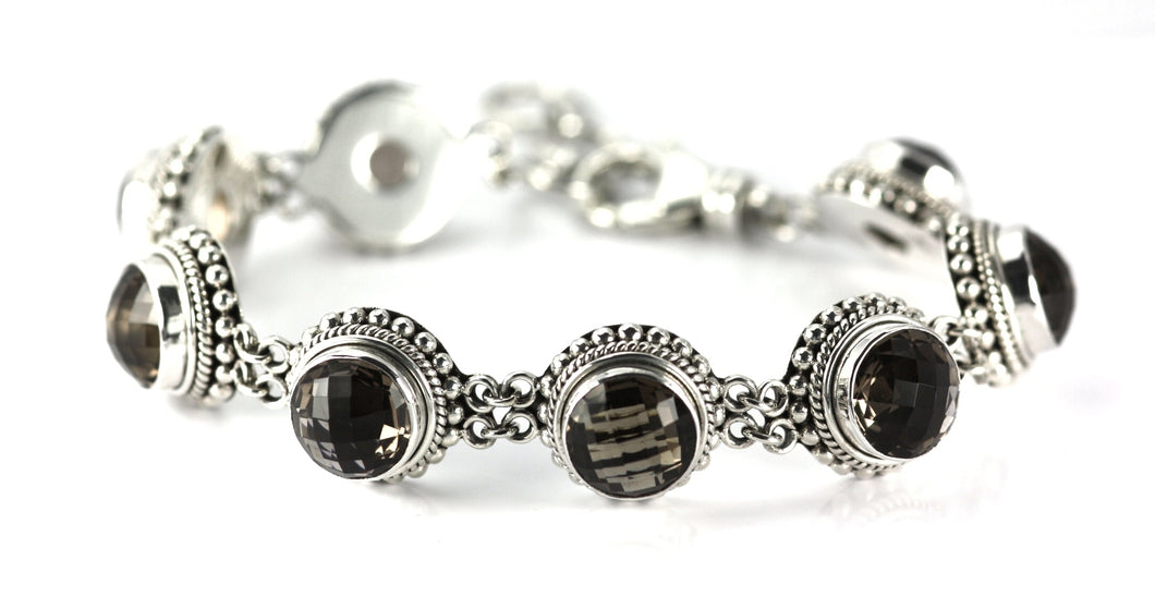 Round Faceted Smokey Quartz station bracelet