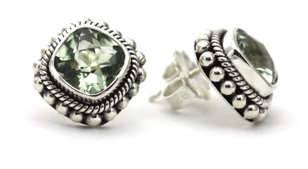 PADMA Beaded Square Faceted Green Amethyst Post Earrings