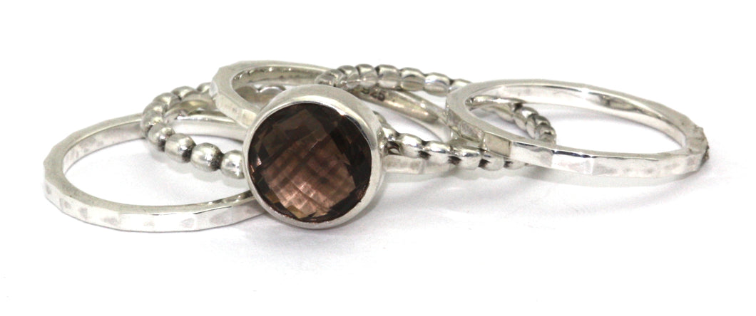PADMA Set of 5 Smokey Quartz Beaded and hammered Stack Ring Set